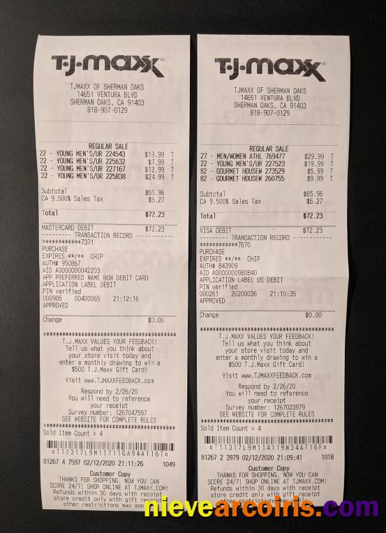 USA TJ Maxx payment receipt